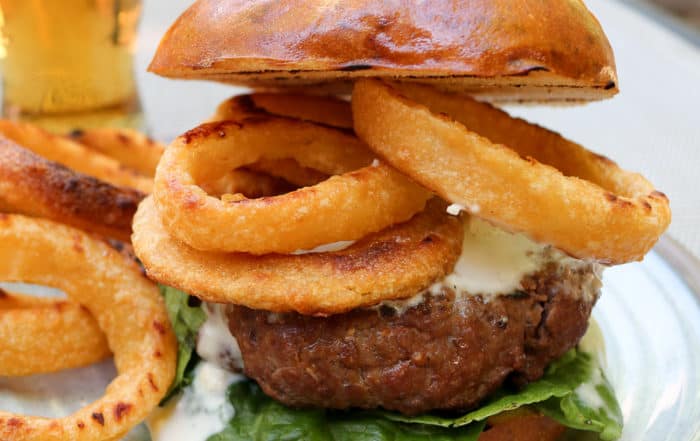 TEC Grills Burgers - Buffalo Bison Burgers with Onions Rings and Blue Cheese Dressing